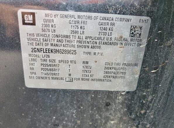 2GNFLEEK9H6289625 2017 CHEVROLET EQUINOX Gray VIN կոդի պիտակի տեսք