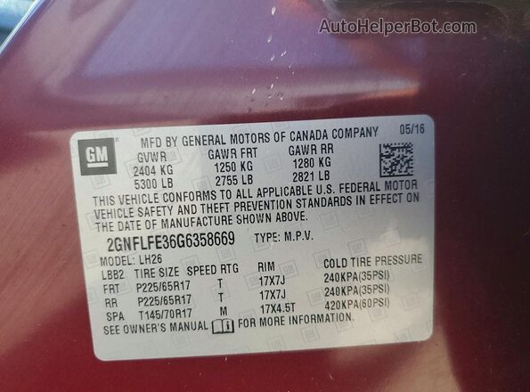 2GNFLFE36G6358669 2016 CHEVROLET EQUINOX Burgundy VIN կոդի պիտակի տեսք