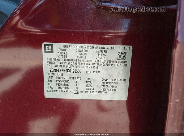 2GNFLFEK0G6190566 2016 CHEVROLET EQUINOX Burgundy Вид підкапотного простору