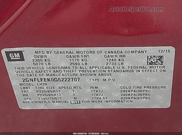 2GNFLFEK0G6222707 2016 CHEVROLET EQUINOX Red ძრავის განყოფილების ხედი