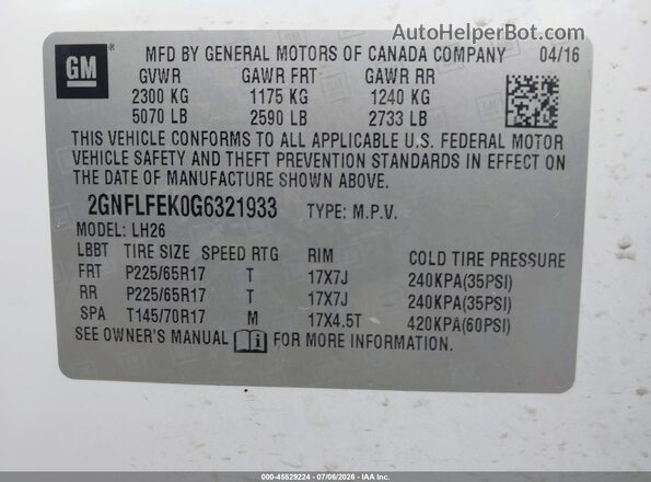 2GNFLFEK0G6321933 2016 CHEVROLET EQUINOX White Вид підкапотного простору