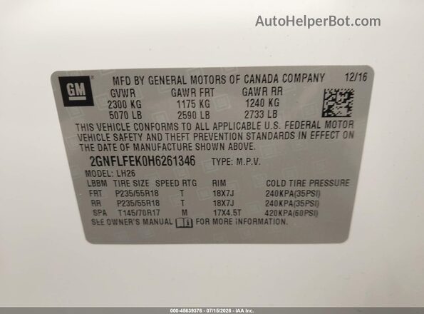 2GNFLFEK0H6261346 2017 CHEVROLET EQUINOX White Շարժիչի բաժամունքի տեսք
