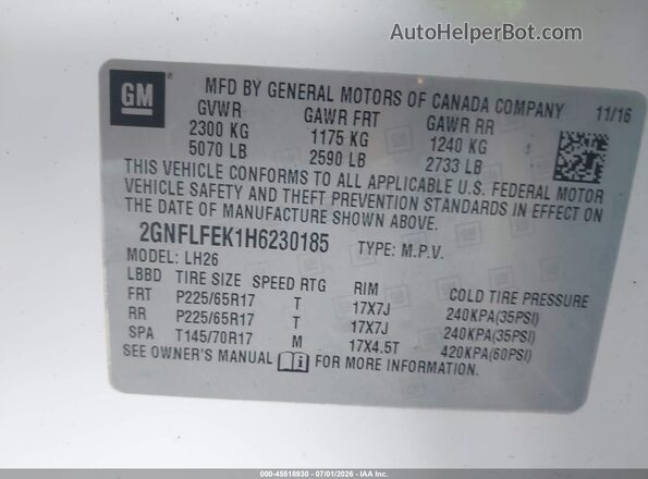 2GNFLFEK1H6230185 2017 CHEVROLET EQUINOX Белый Вид подкапотного пространства