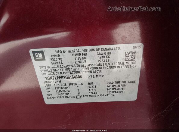 2GNFLFEK2G6164308 2016 CHEVROLET EQUINOX Burgundy ძრავის განყოფილების ხედი