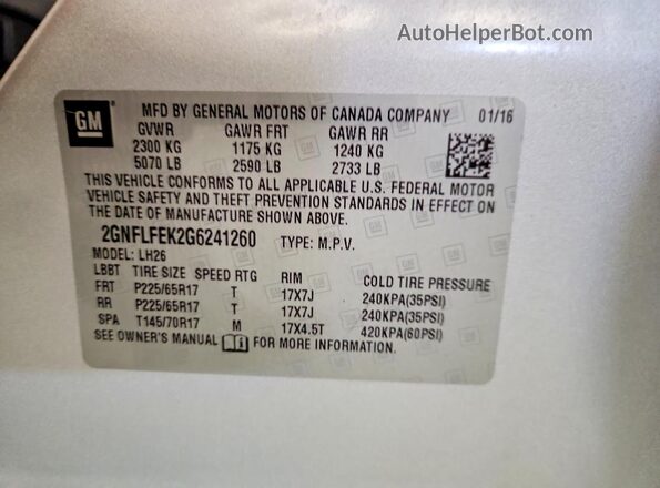 2GNFLFEK2G6241260 2016 CHEVROLET EQUINOX White Widok naklejki z numerem VIN