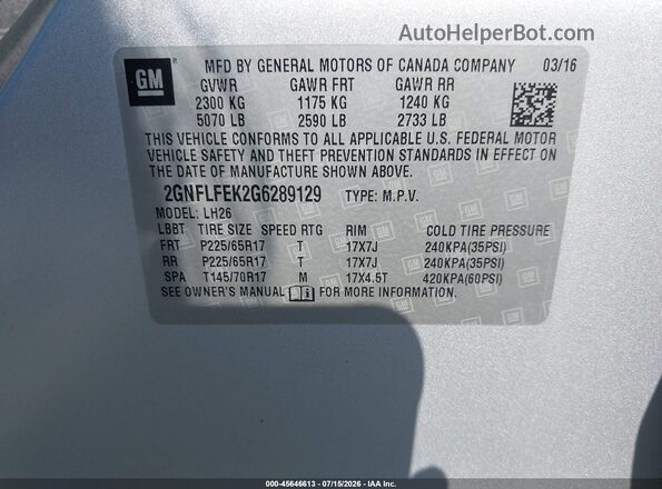 2GNFLFEK2G6289129 2016 CHEVROLET EQUINOX Gray Вид підкапотного простору
