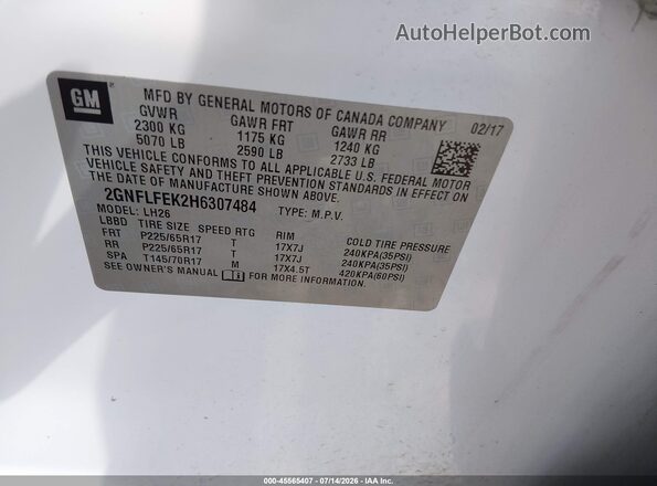 2GNFLFEK2H6307484 2017 CHEVROLET EQUINOX White ძრავის განყოფილების ხედი