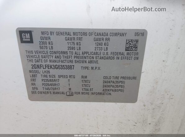 2GNFLFEK3G6353887 2016 CHEVROLET EQUINOX White Вид підкапотного простору