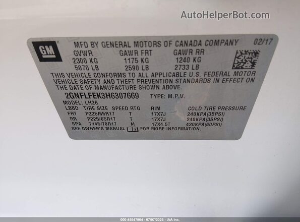 2GNFLFEK3H6307669 2017 CHEVROLET EQUINOX Белый Вид подкапотного пространства