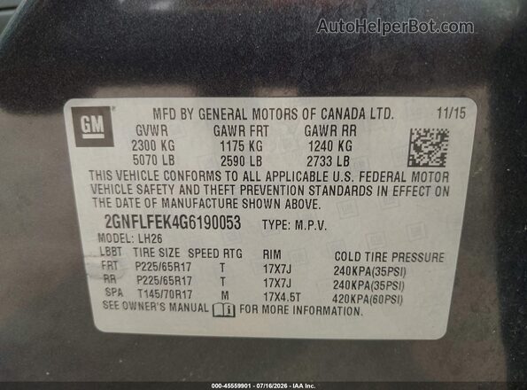 2GNFLFEK4G6190053 2016 CHEVROLET EQUINOX Gray Вид підкапотного простору
