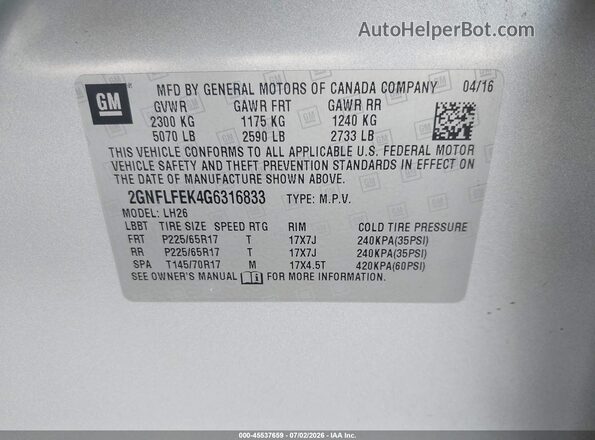 2GNFLFEK4G6316833 2016 CHEVROLET EQUINOX Silver Widok komory silnika