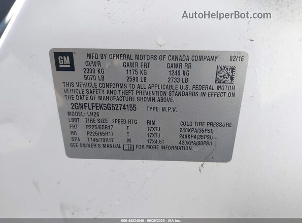 2GNFLFEK5G6274155 2016 CHEVROLET EQUINOX White Engine compartment view