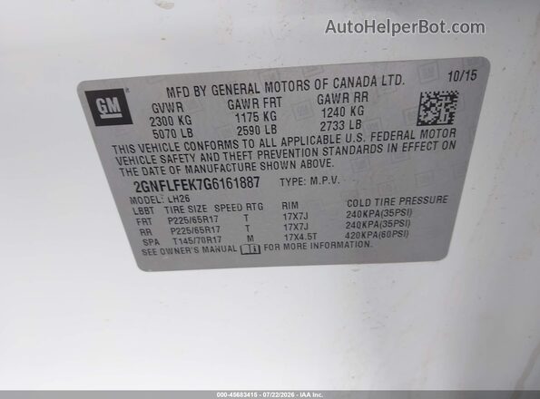 2GNFLFEK7G6161887 2016 CHEVROLET EQUINOX White ძრავის განყოფილების ხედი