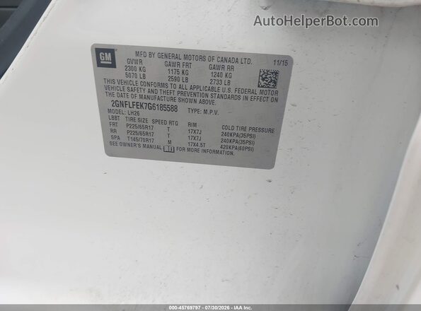 2GNFLFEK7G6185588 2016 CHEVROLET EQUINOX White Widok komory silnika