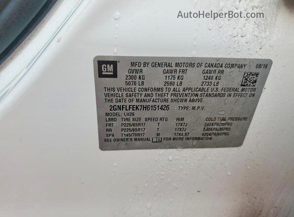 2GNFLFEK7H6151426 2017 CHEVROLET EQUINOX Белый Вид наклейки с VIN-кодом