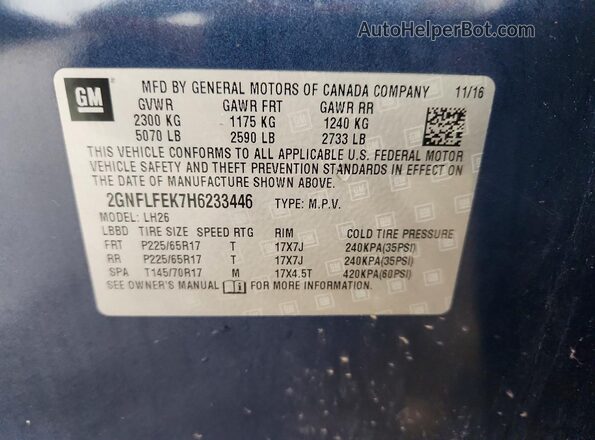 2GNFLFEK7H6233446 2017 CHEVROLET EQUINOX Blue Widok naklejki z numerem VIN