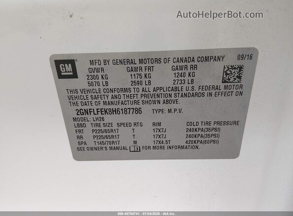 2GNFLFEK8H6187786 2017 CHEVROLET EQUINOX White Engine compartment view