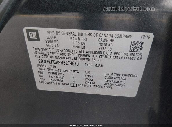2GNFLFEK8H6274670 2017 CHEVROLET EQUINOX Серый Вид подкапотного пространства