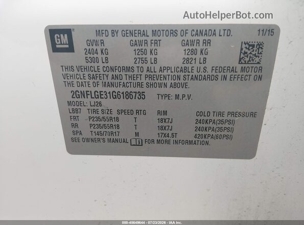 2GNFLGE31G6186735 2016 CHEVROLET EQUINOX White Vista del compartimento del motor