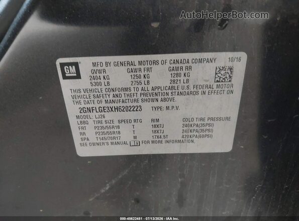 2GNFLGE3XH6202223 2017 CHEVROLET EQUINOX Gray Vista del compartimento del motor