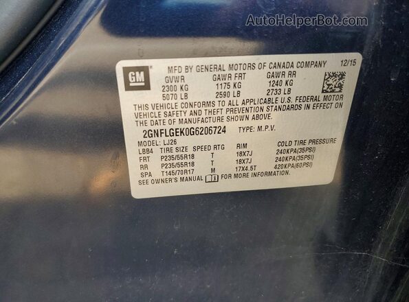 2GNFLGEK0G6206724 2016 CHEVROLET EQUINOX Blue VIN կոդի պիտակի տեսք