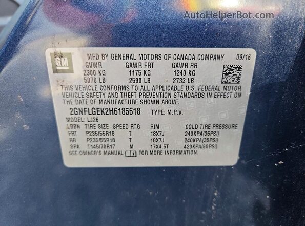 2GNFLGEK2H6185618 2017 CHEVROLET EQUINOX Blue Вид наклейки з VIN-кодом