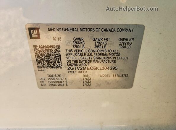 2GTV2MEC6K1104395 2019 GMC SIERRA White VIN sticker view