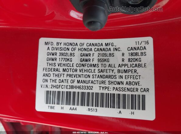 2HGFC1E38HH633302 2017 HONDA CIVIC Red Widok komory silnika