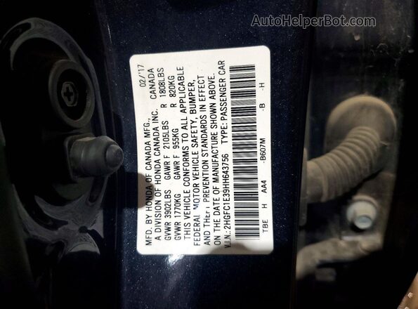 2HGFC1E39HH643756 2017 HONDA CIVIC Blue Widok komory silnika