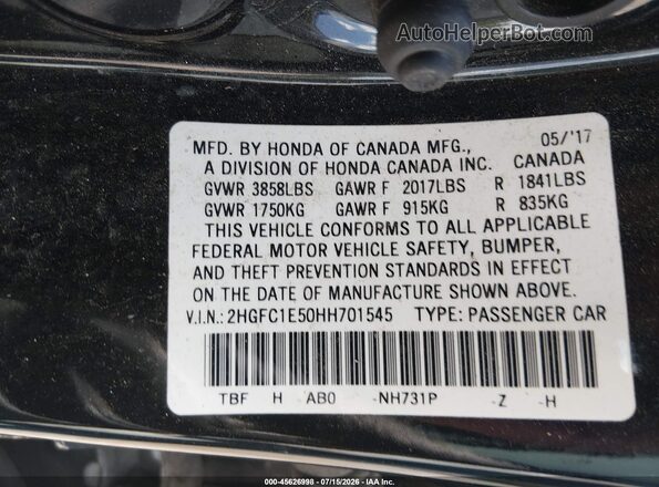 2HGFC1E50HH701545 2017 HONDA CIVIC Black Engine compartment view