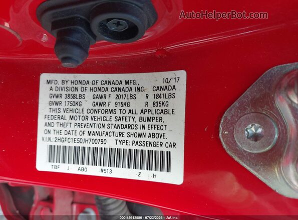 2HGFC1E50JH700790 2018 HONDA CIVIC Red Vista del compartimento del motor