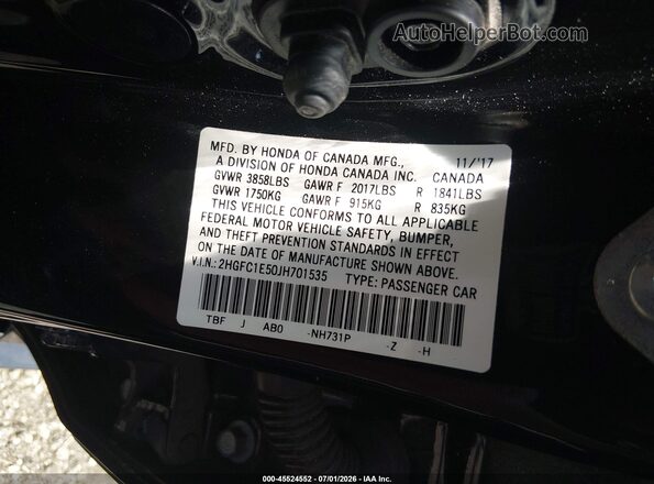 2HGFC1E50JH701535 2018 HONDA CIVIC Black Widok komory silnika