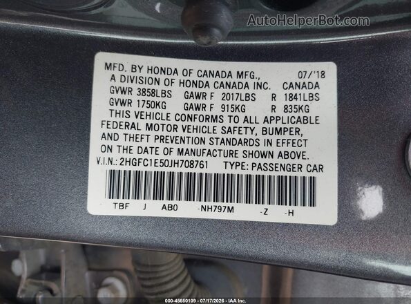 2HGFC1E50JH708761 2018 HONDA CIVIC Gray ძრავის განყოფილების ხედი