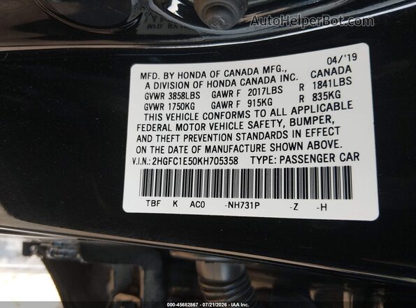 2HGFC1E50KH705358 2019 HONDA CIVIC Black Widok komory silnika