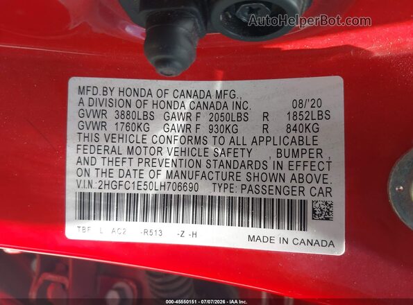 2HGFC1E50LH706690 2020 HONDA CIVIC Red Widok komory silnika