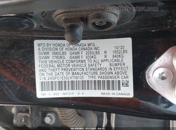 2HGFC1E50LH708133 2020 HONDA CIVIC Black Vista del compartimento del motor