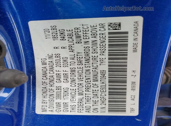 2HGFC1E50LH709489 2020 HONDA CIVIC Blue Вид підкапотного простору