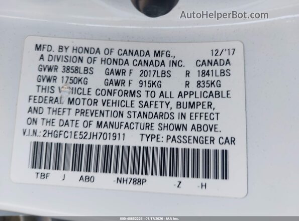 2HGFC1E52JH701911 2018 HONDA CIVIC White Вид підкапотного простору