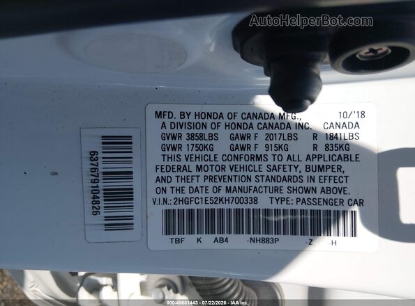 2HGFC1E52KH700338 2019 HONDA CIVIC White Engine compartment view