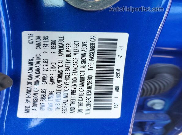 2HGFC1E54JH708200 2018 HONDA CIVIC Blue Вид підкапотного простору