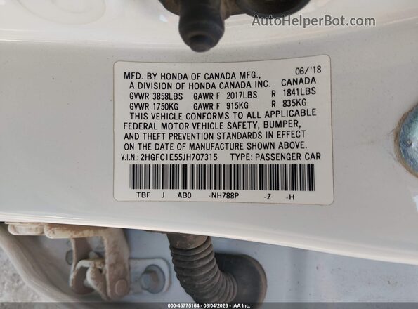 2HGFC1E55JH707315 2018 HONDA CIVIC Белый Вид подкапотного пространства