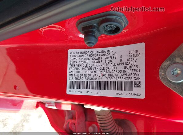 2HGFC1E56KH708197 2019 HONDA CIVIC Red Vista del compartimento del motor