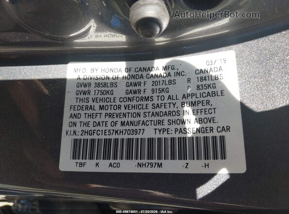 2HGFC1E57KH703977 2019 HONDA CIVIC Gray Vista del compartimento del motor