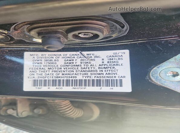 2HGFC1E58KH703499 2019 HONDA CIVIC Black Vista del compartimento del motor