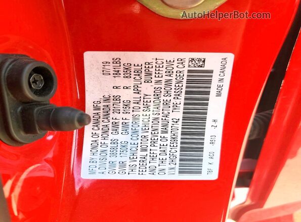 2HGFC1E59KH707142 2019 HONDA CIVIC Red ძრავის განყოფილების ხედი