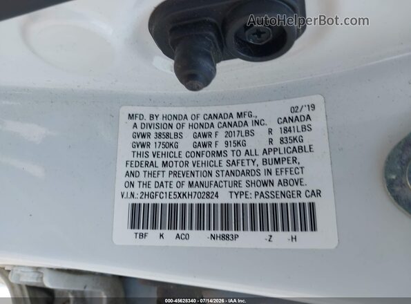 2HGFC1E5XKH702824 2019 HONDA CIVIC White Engine compartment view