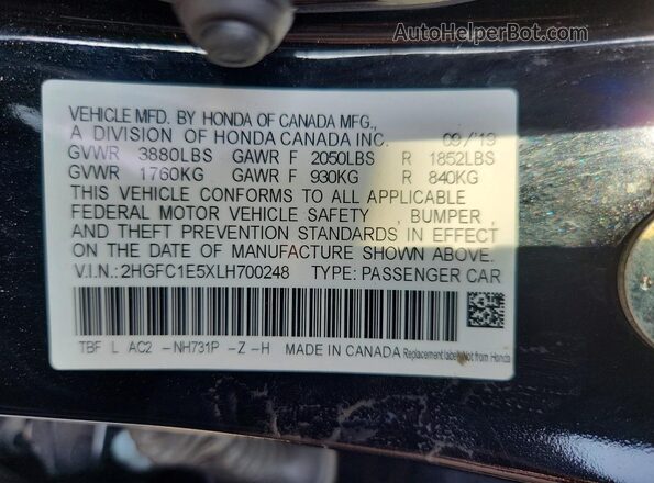 2HGFC1E5XLH700248 2020 HONDA CIVIC Black Widok naklejki z numerem VIN