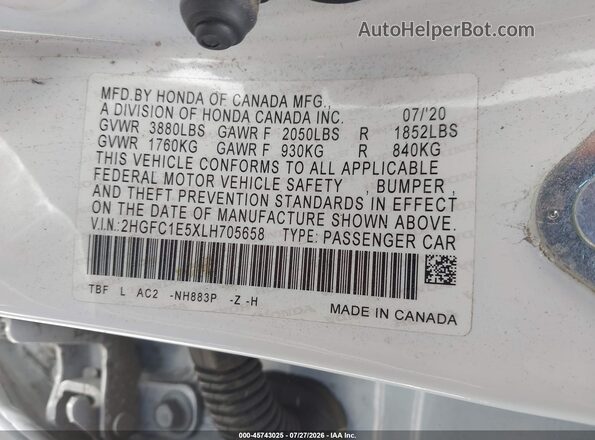 2HGFC1E5XLH705658 2020 HONDA CIVIC White Widok komory silnika