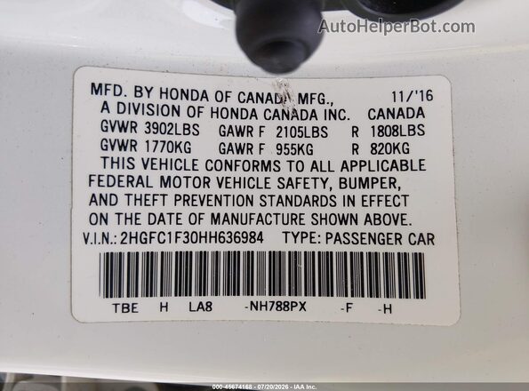 2HGFC1F30HH636984 2017 HONDA CIVIC White Vista del compartimento del motor