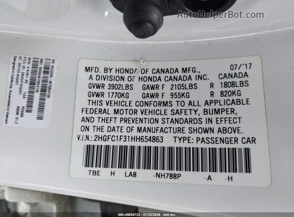 2HGFC1F31HH654863 2017 HONDA CIVIC White Widok komory silnika